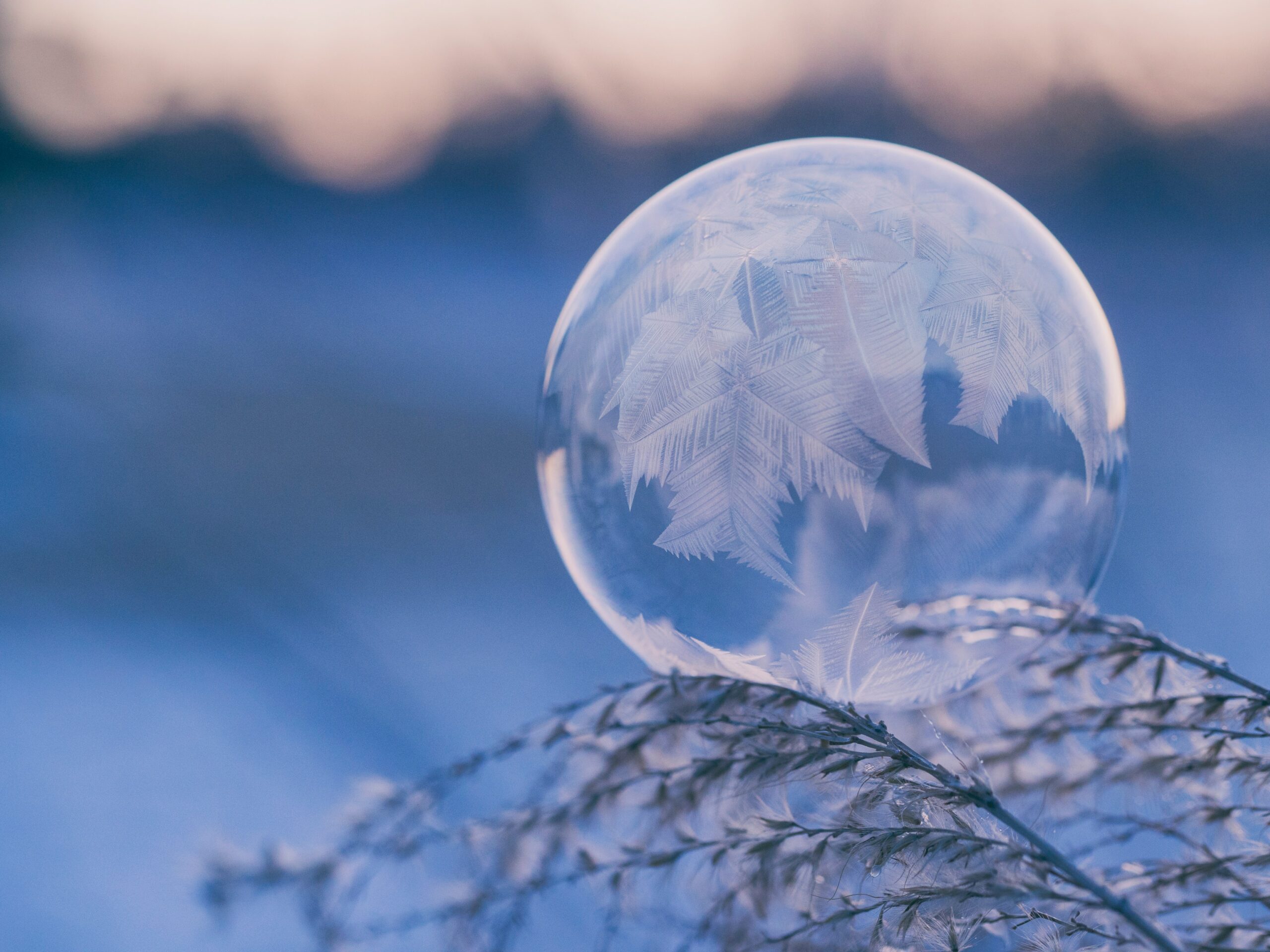 Frost patterns forming inside a frozen soap bubble